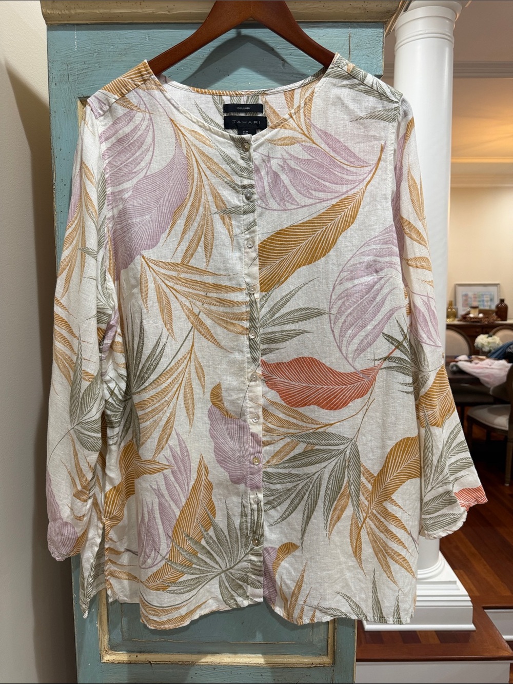 Linen Botanical Leaf Button Up Shirt 1X Plus Size Roll Tab Sleeve Top